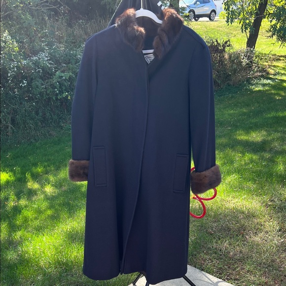 Vintage Marvin Richards USA Full Length Navy Pea Coat Winter Coat Brown Fur Trim - Picture 3 of 17